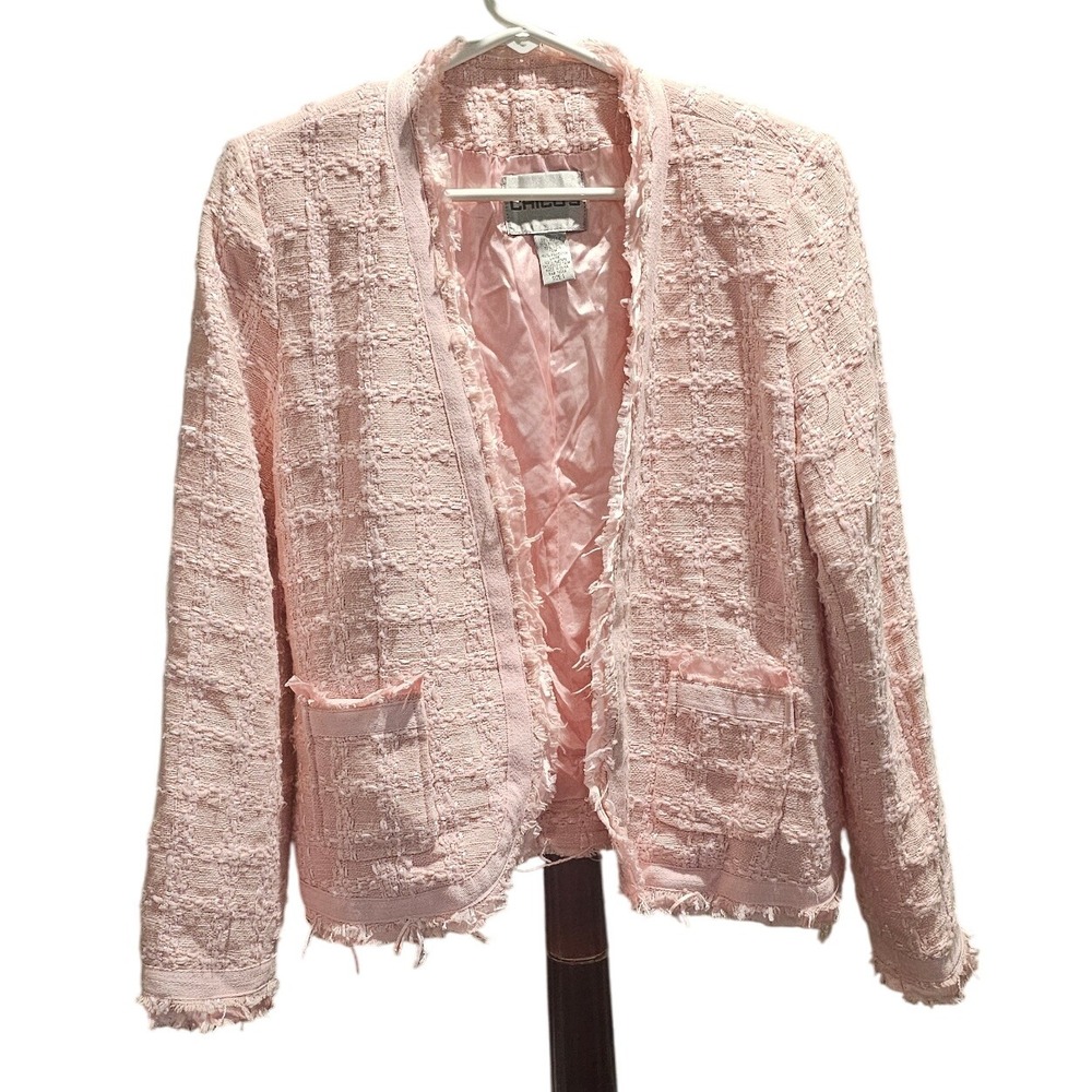 Chico's Pink Tweed‎ Jacket Frayed Edges Pockets Size 8 (1)